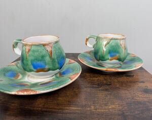 Vintage Set Of Two Hand painted Seyei Ceramic Tea/Coffee Cups With Saucers